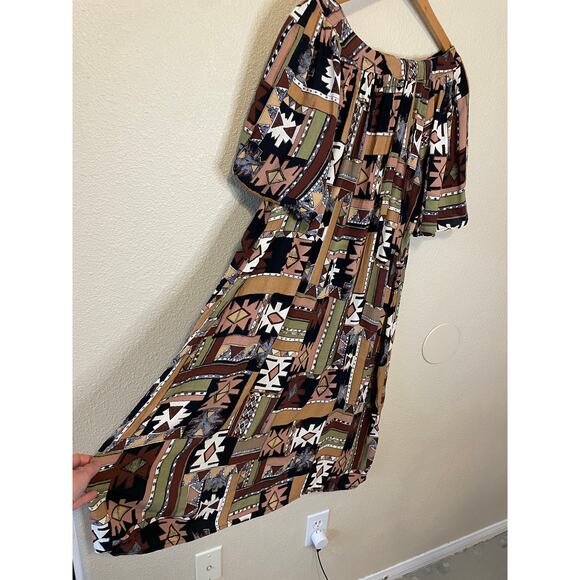 Hand Made Boho One Of A Kind Tribal Print Knee Length Brown Short Sleeve Dress L - Picture 9 of 14